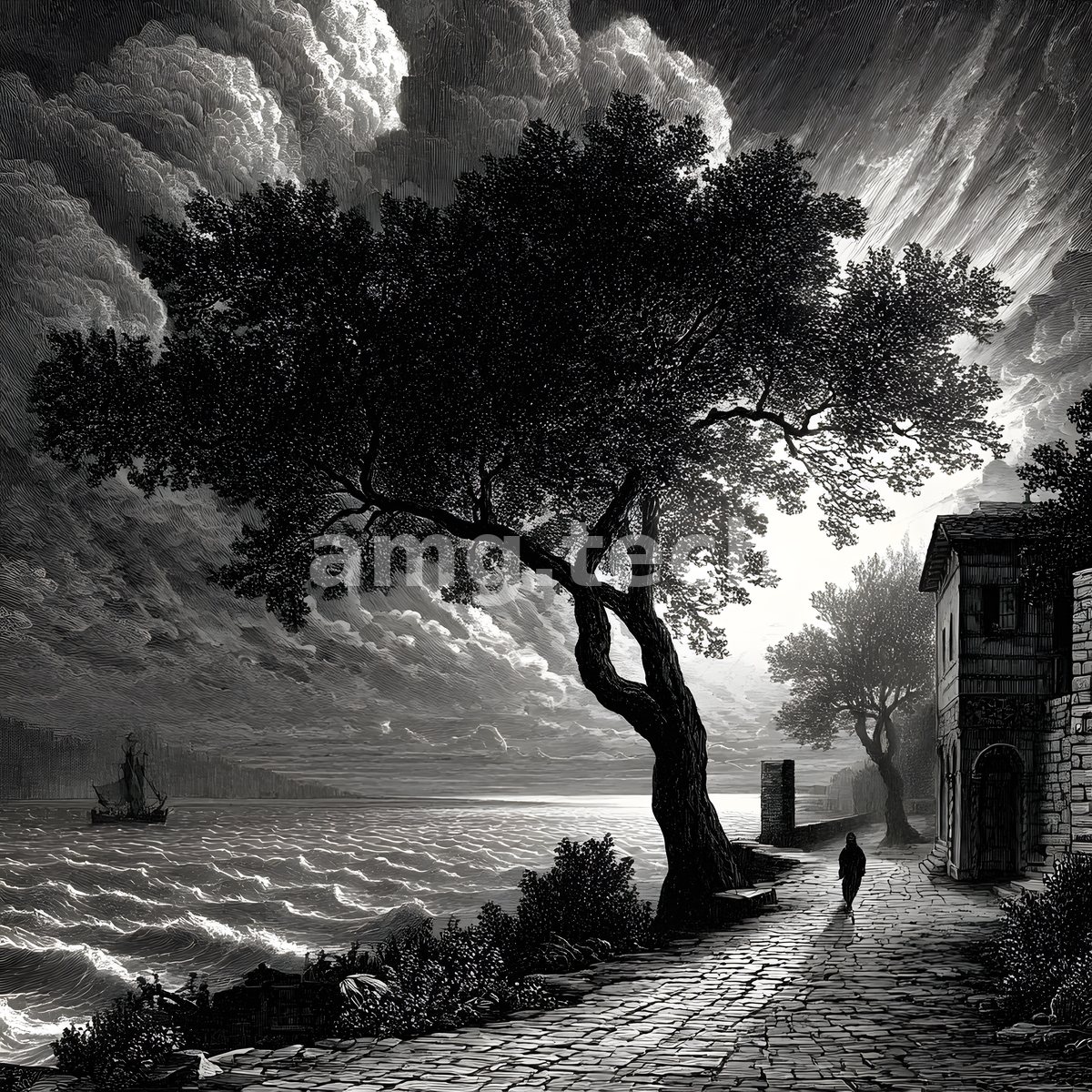 A lone walker follows a cobbled shore path beneath a wind-bent tree as a tall ship rides gathering seas under turbulent cloud.