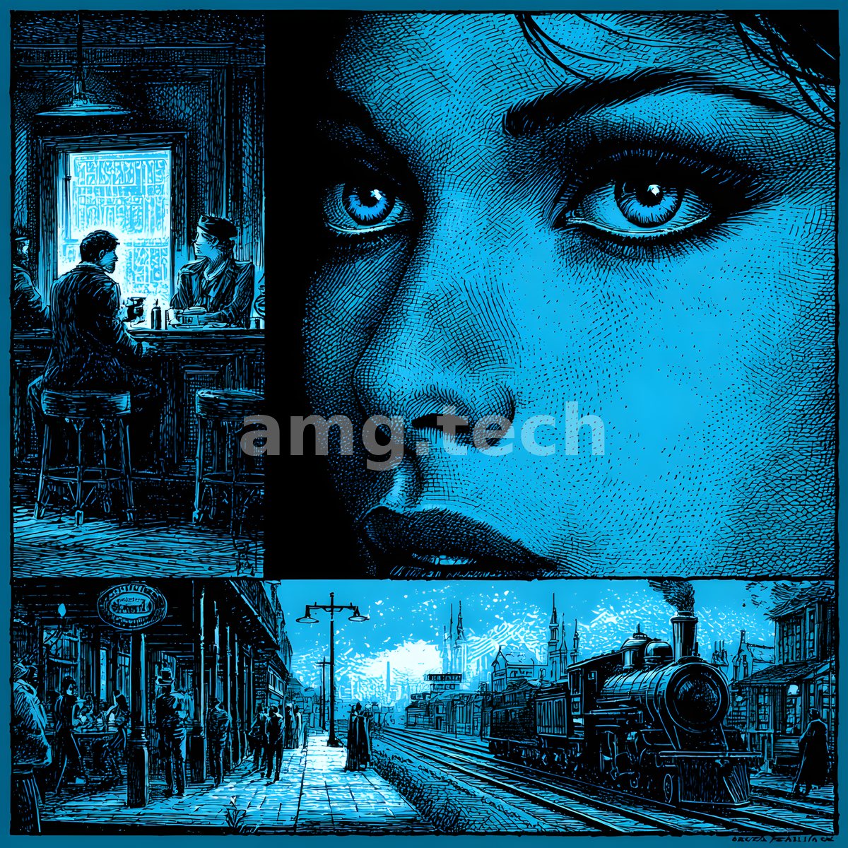 A triptych in electric blue joins a tavern's quiet figures, a woman's arresting eyes and a steam locomotive drawing into a lamplit station.