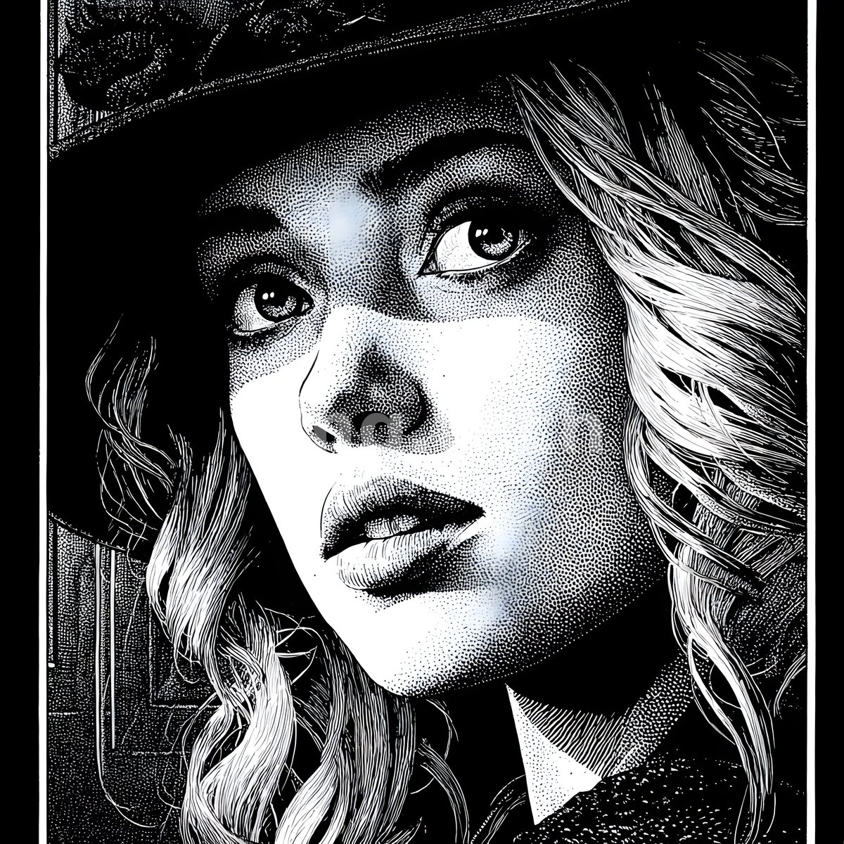 A luminous stippled portrait of a young woman beneath a broad feathered hat, her gaze arrested mid-thought in high-contrast pen and ink.