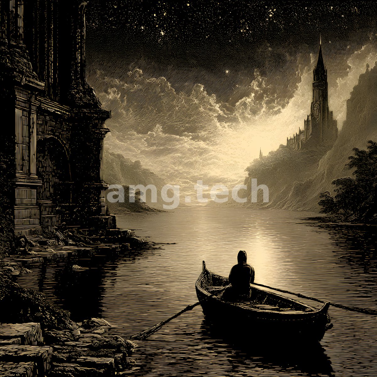 A lone oarsman drifts across a moonlit estuary toward a distant floodlit tower, rendered in warm sepia engraving beneath a starlit sky.