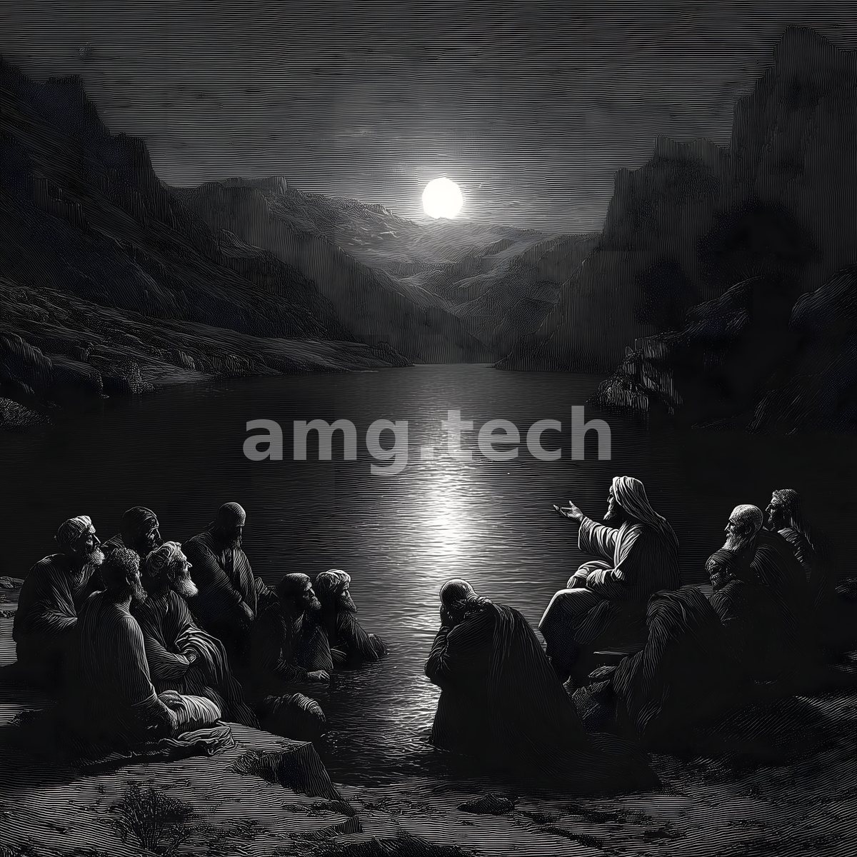 Robed figures gather at a shadowed shore beneath a rising moon, one among them raised in address across the silvered lake.