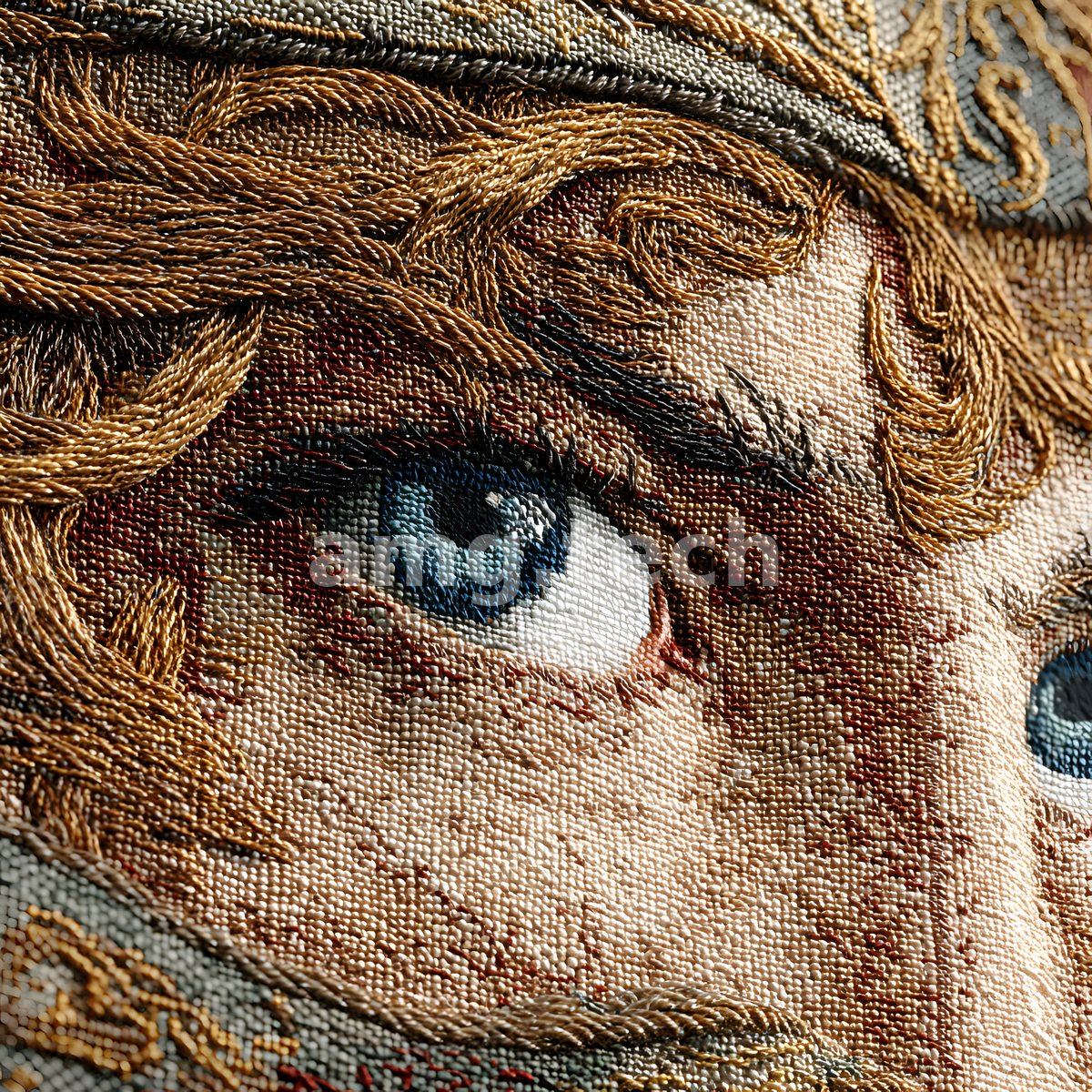 An extraordinary close study of a blue eye framed by golden curls, entirely composed of threaded tapestry stitches and embroidered highlight.