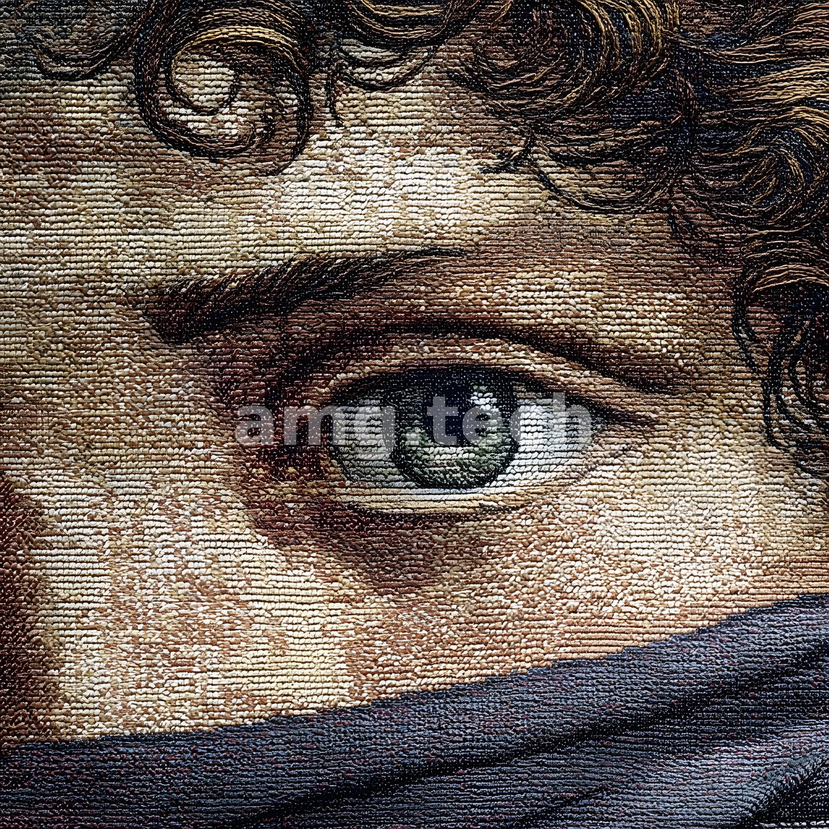 A masterful tapestry rendering of a young man's eye and brow, each strand and shadow conjured from dense interlaced threadwork.