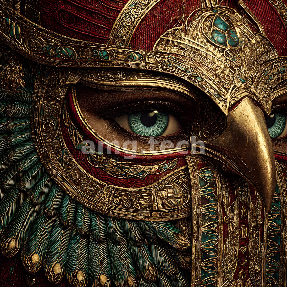 An ornate golden mask fused with a beaked visor and peacock plumage frames a piercing turquoise eye in jewelled splendour.