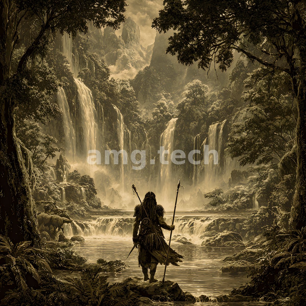 A fur-clad warrior bearing a spear pauses at a jungle pool as towering waterfalls descend through a sunlit valley in golden monochrome.
