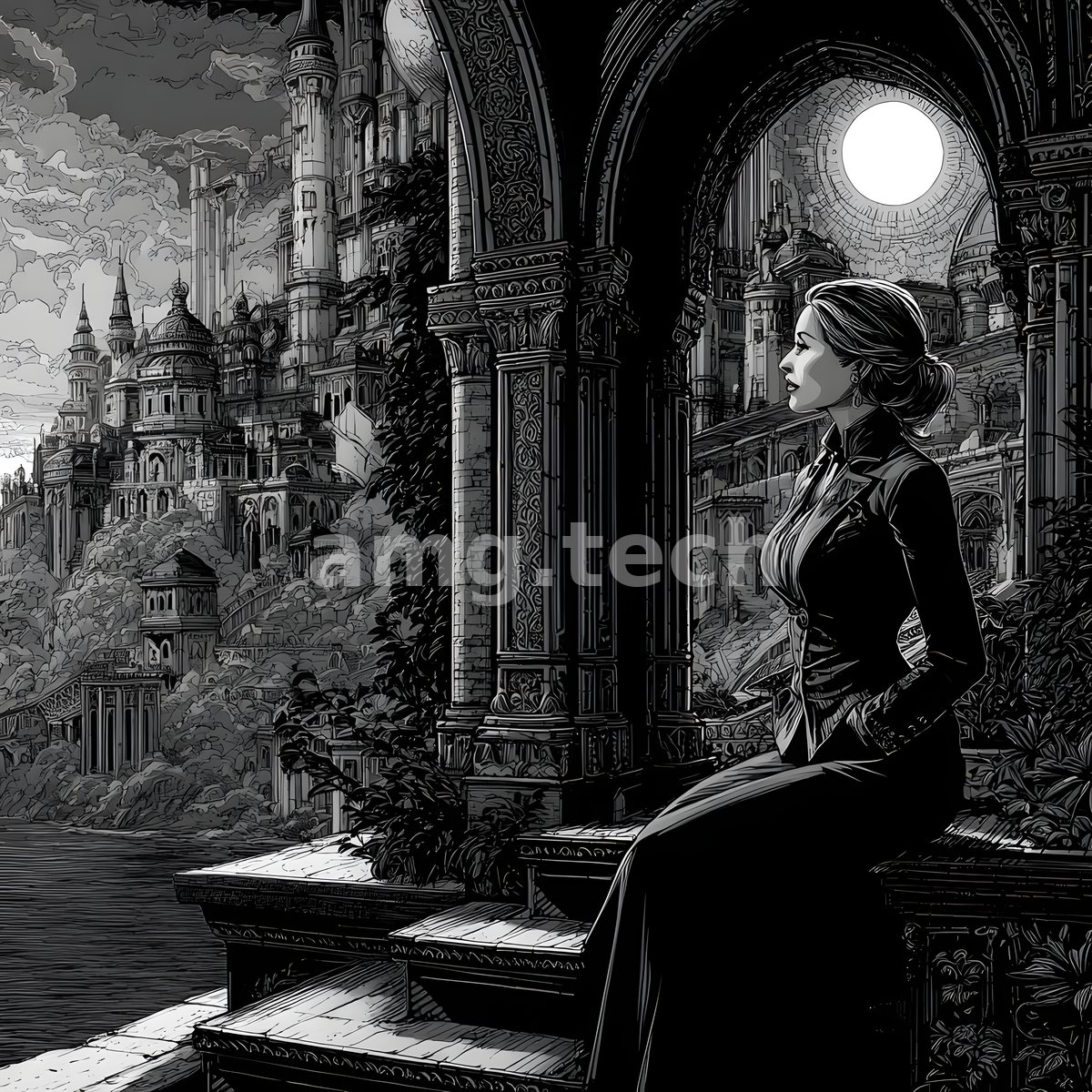 A poised woman in dark attire rests within an ornate arch, gazing across a moonlit fantastical metropolis of spires and domes.