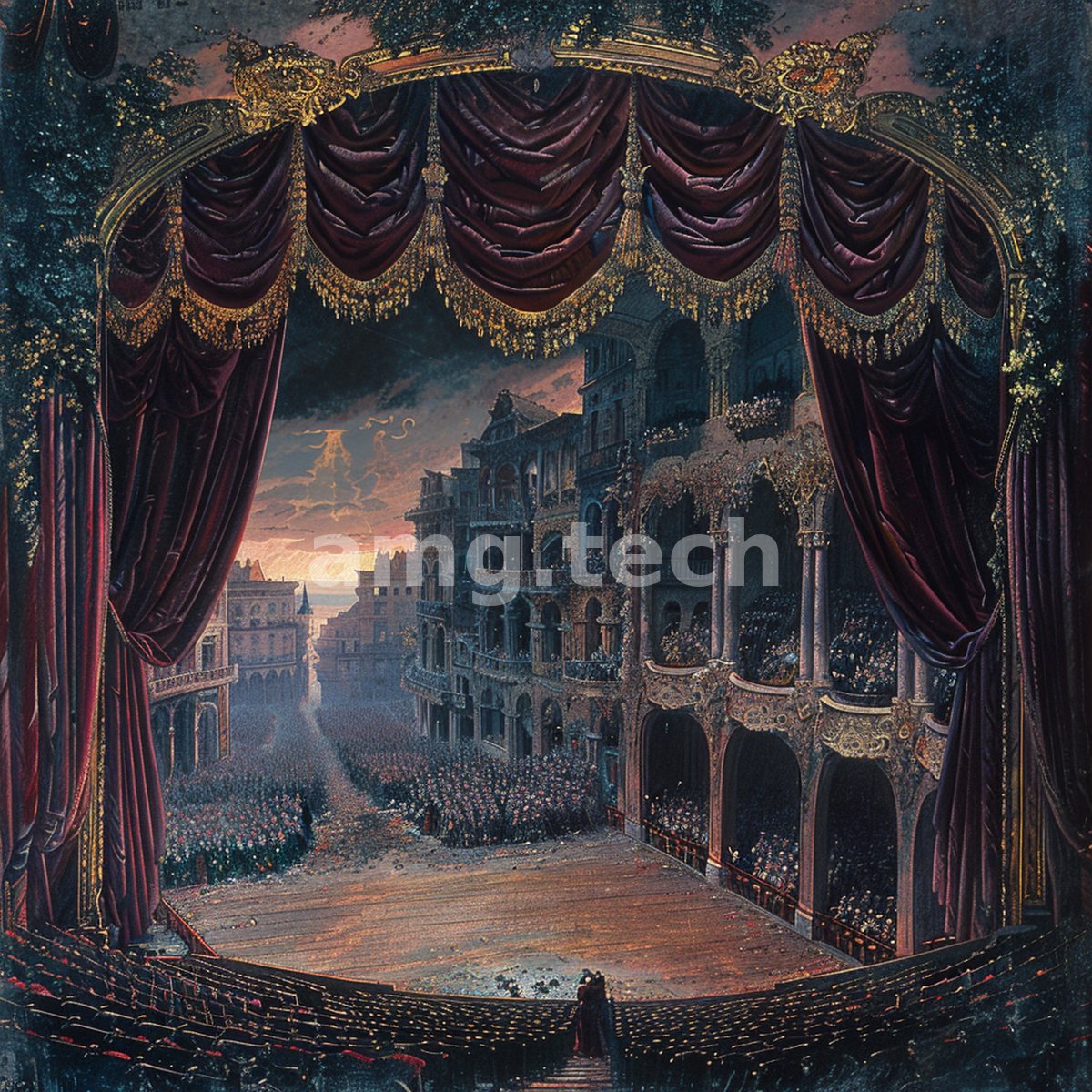 Sweeping crimson-and-gold curtains part upon a vast tiered opera house opening onto a dusk-lit city beyond the stage.