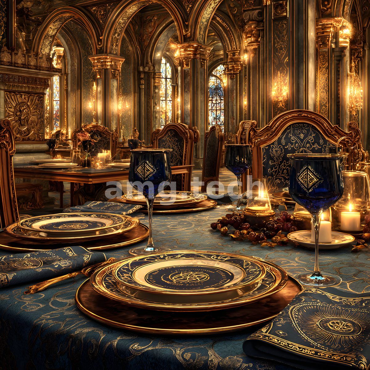An opulent gilded dining chamber set with cobalt goblets, gold-rimmed porcelain, and candlelight beneath soaring stained-glass arches.