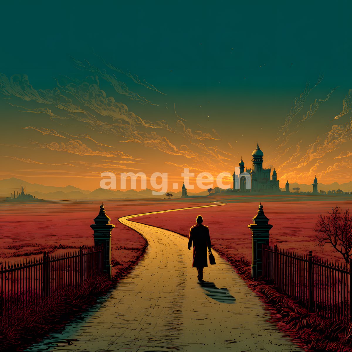 A solitary traveller with a valise walks a winding path between weathered gateposts toward a domed palace under a burning turquoise sky.