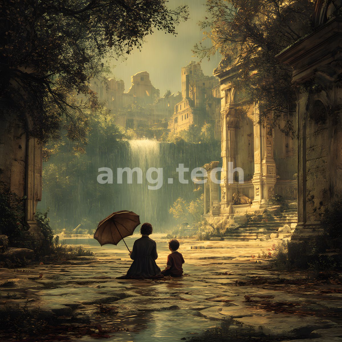 A woman and child sit sheltered by a parasol before a cascading falls, watching rain fall through the golden light of overgrown ruins.