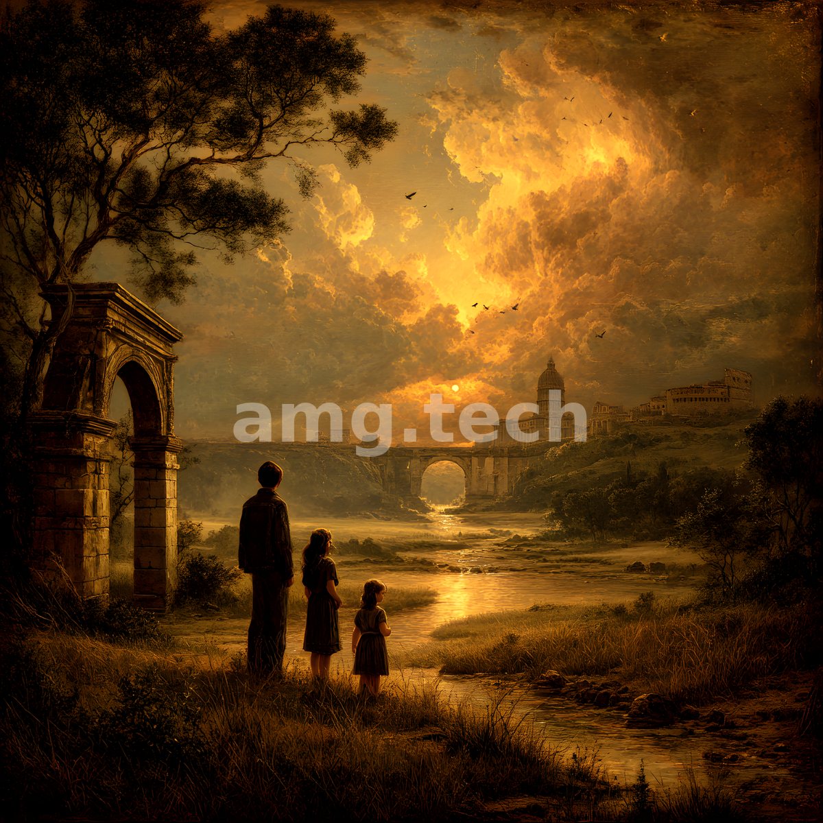 A father and two children stand silhouetted by a stream, watching an incandescent sunset break over a distant arched bridge and hilltop villa.