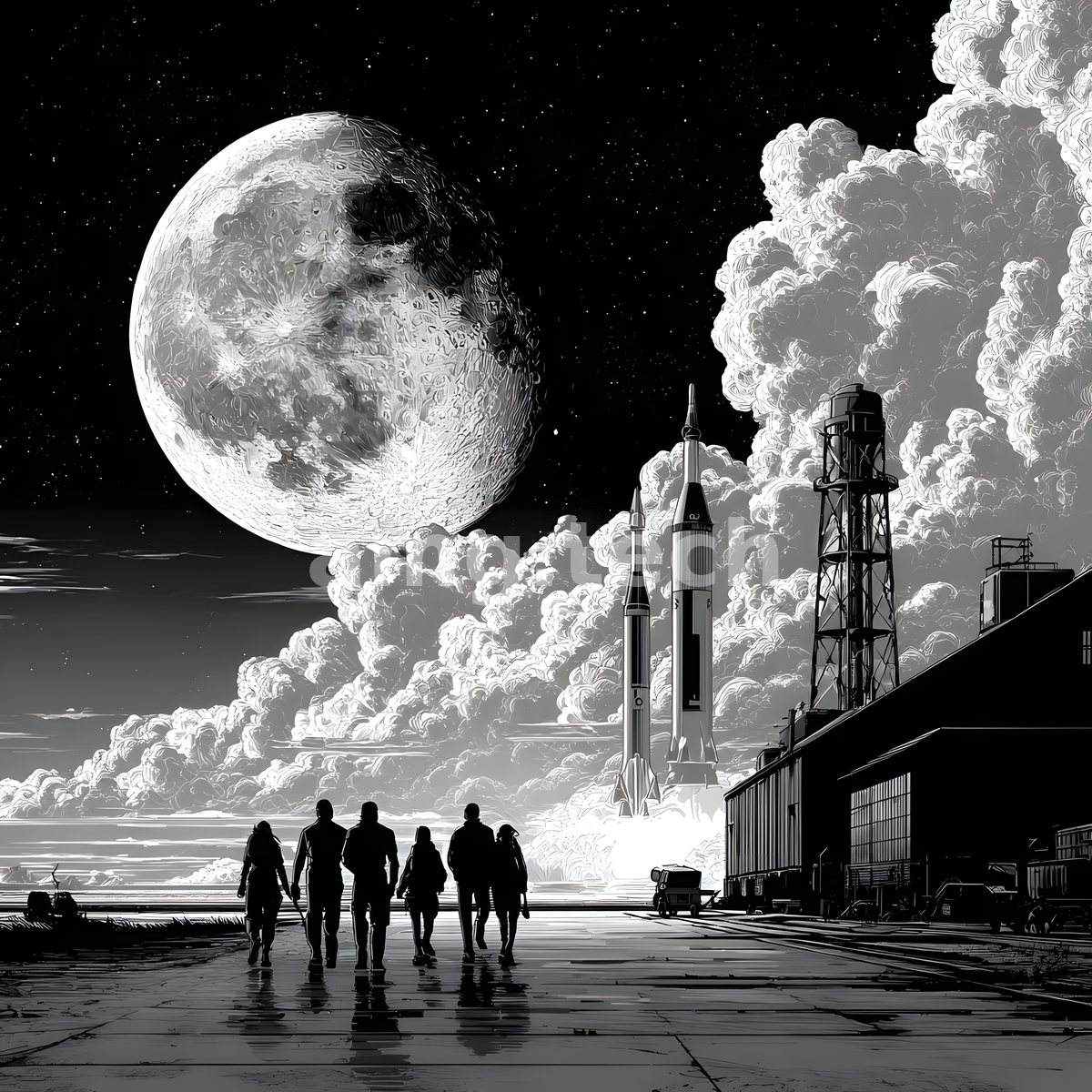 Astronauts stride across a floodlit tarmac as a rocket ascends on billowing cloud beneath an immense lunar disc, in stark black and white.