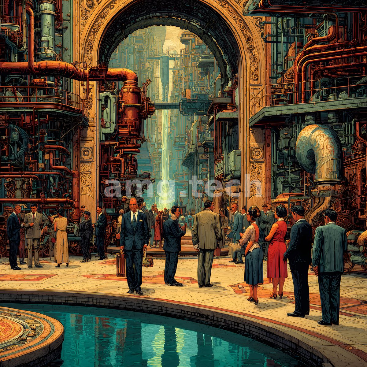 Elegantly dressed figures gather beneath a soaring arch of copper piping, where a distant waterfall glimmers within a vast industrial reliquary.