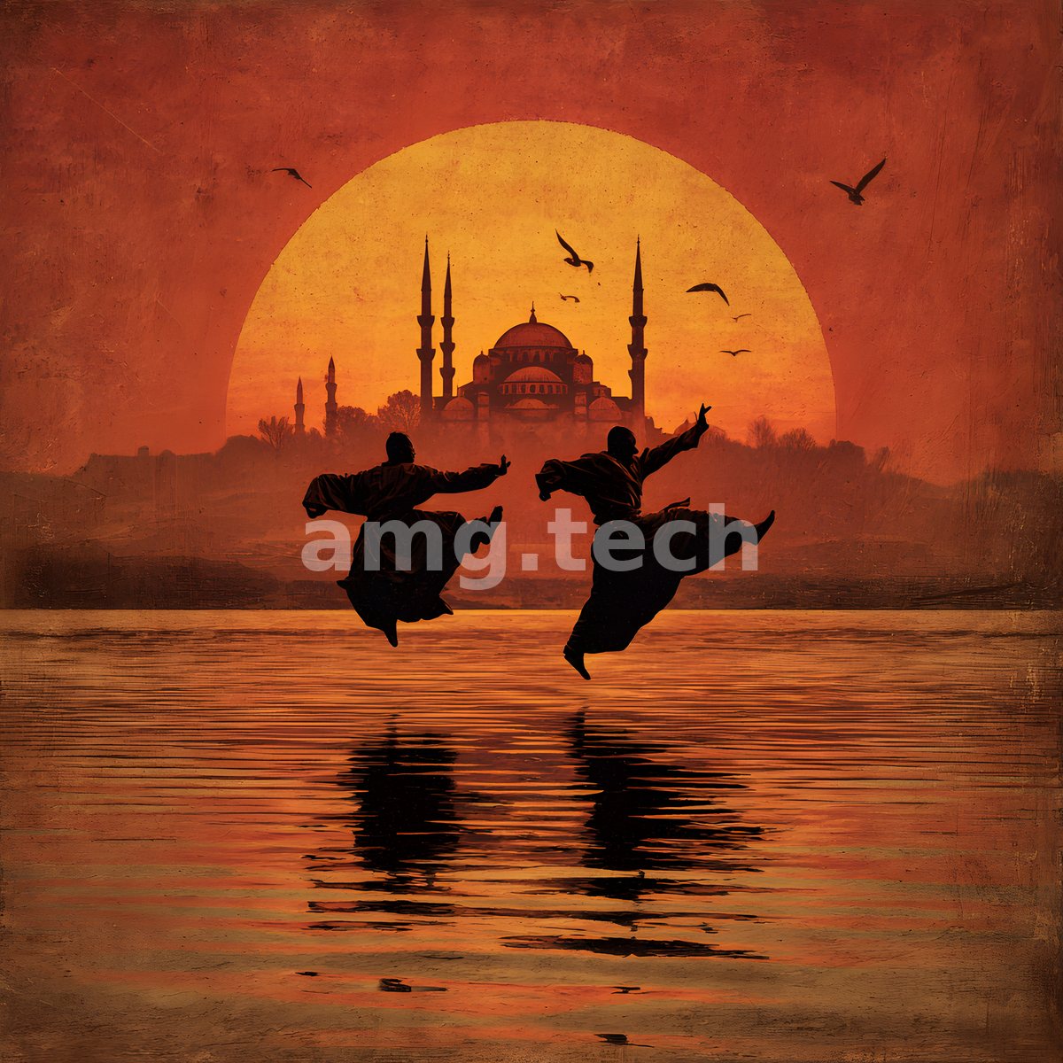 Two whirling figures leap in silhouette above still water as a domed mosque and its minarets dissolve into a molten Anatolian sun.
