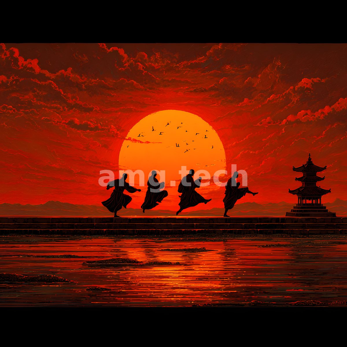 Four robed figures move in silhouette along a causeway beside a pagoda, their forms mirrored in tidal shallows beneath a blazing scarlet sky.