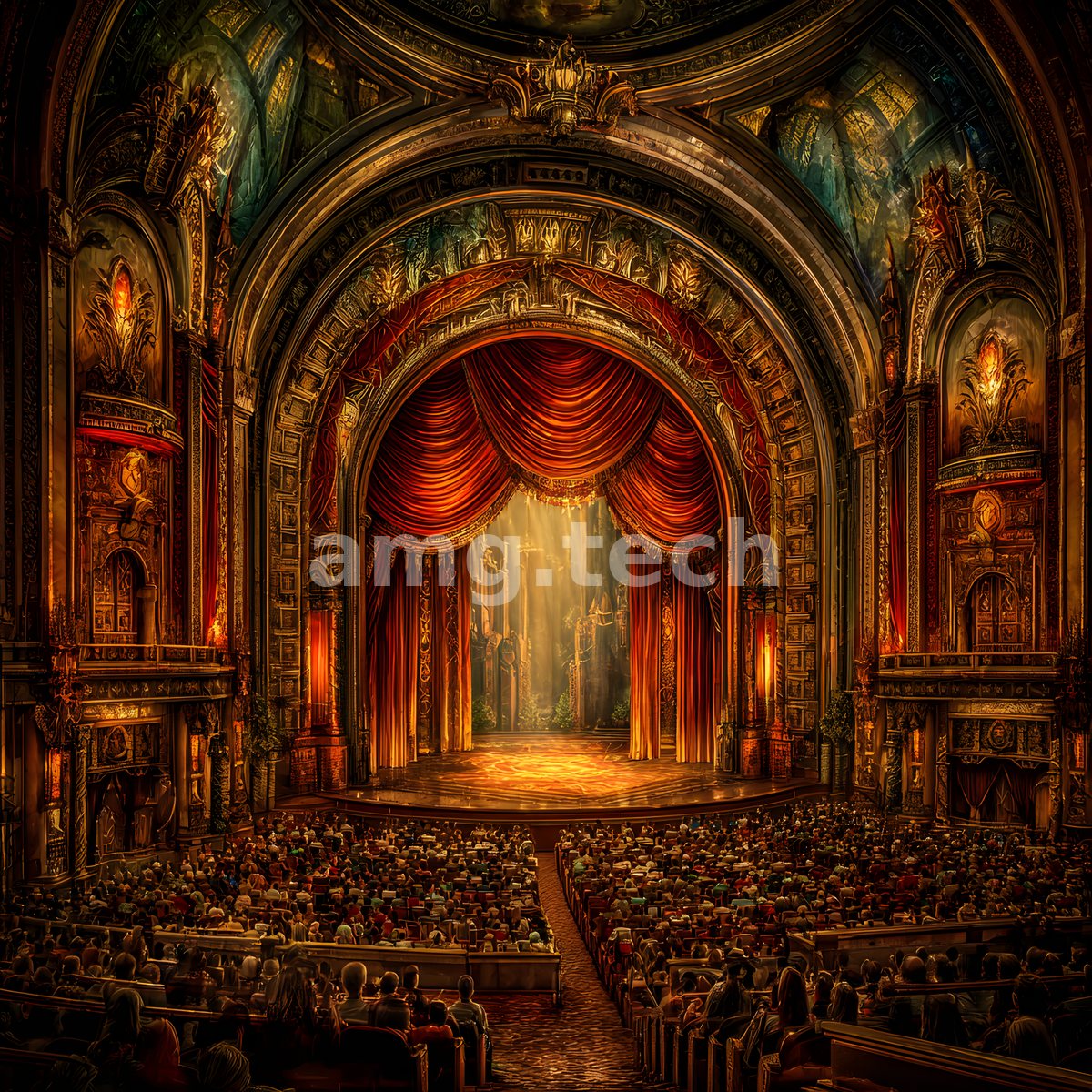 Rapt spectators fill a resplendent baroque theatre as shafts of light spill through parting crimson curtains onto a jewelled stage.
