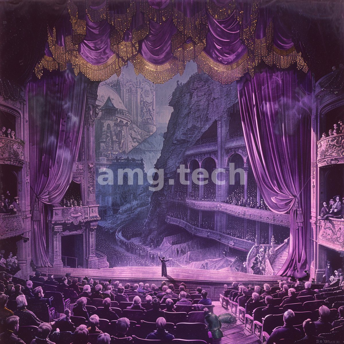 A grand purple-draped auditorium opens onto a cavernous set of crag and cloister as a lone figure commands the lit stage.