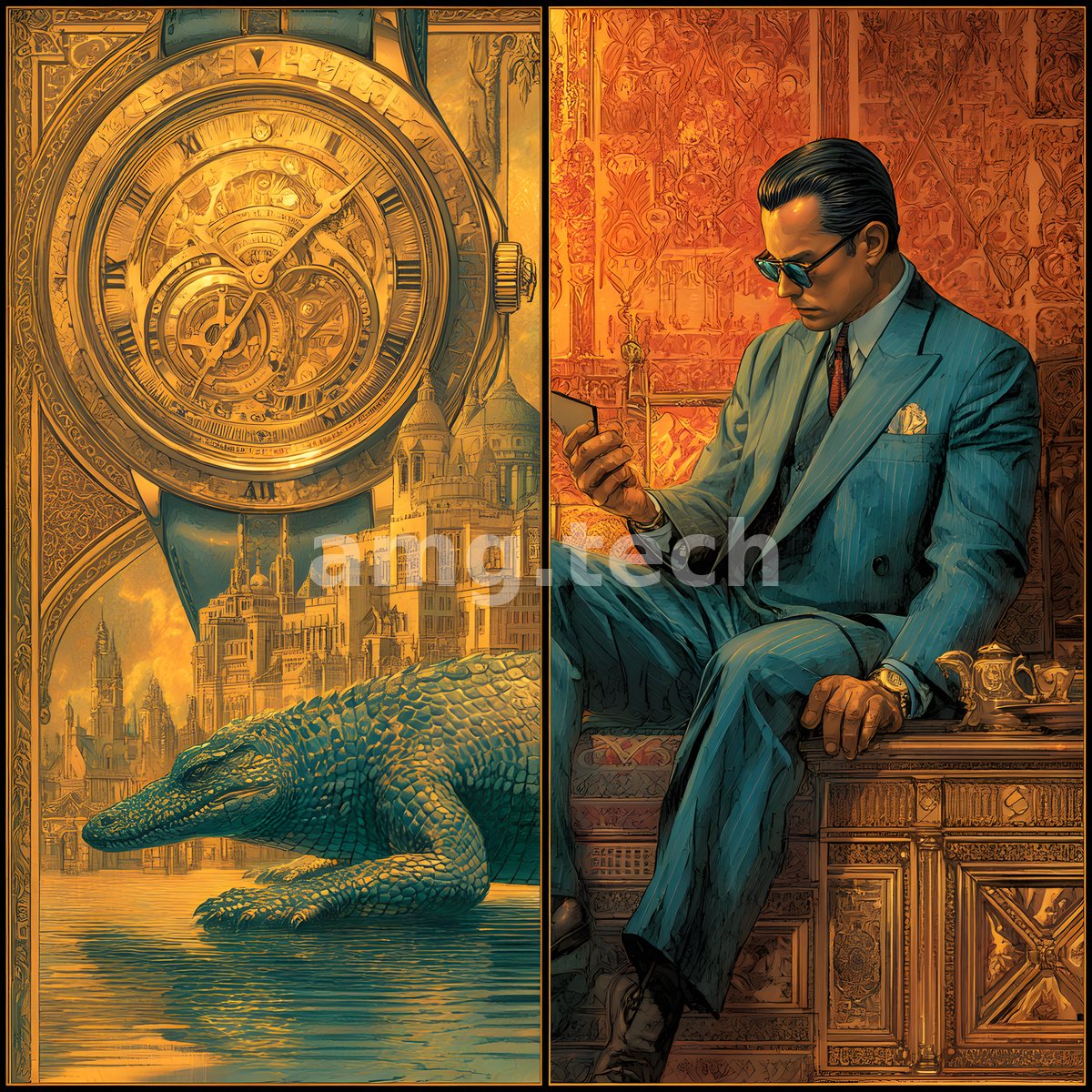 A diptych pairs an intricate antique timepiece above a drifting crocodile with a poised gentleman in blue reclining amid opulent interiors.