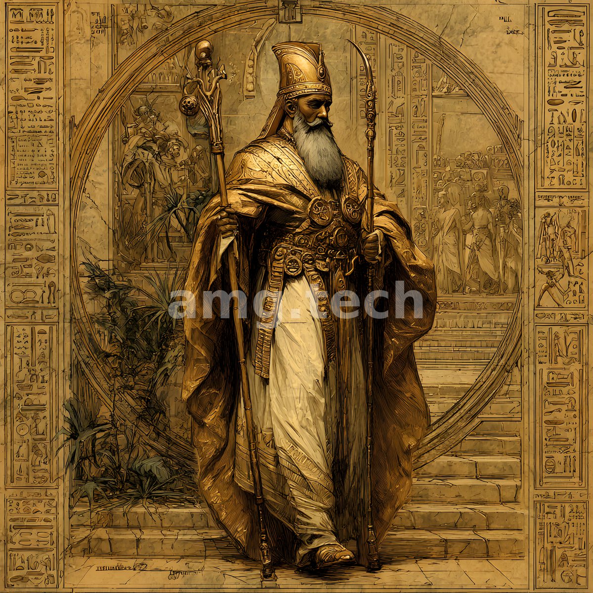 A bearded elder in golden vestments bears a serpent staff before a hieroglyph-laden temple wall, framed within an ancient carved disc.