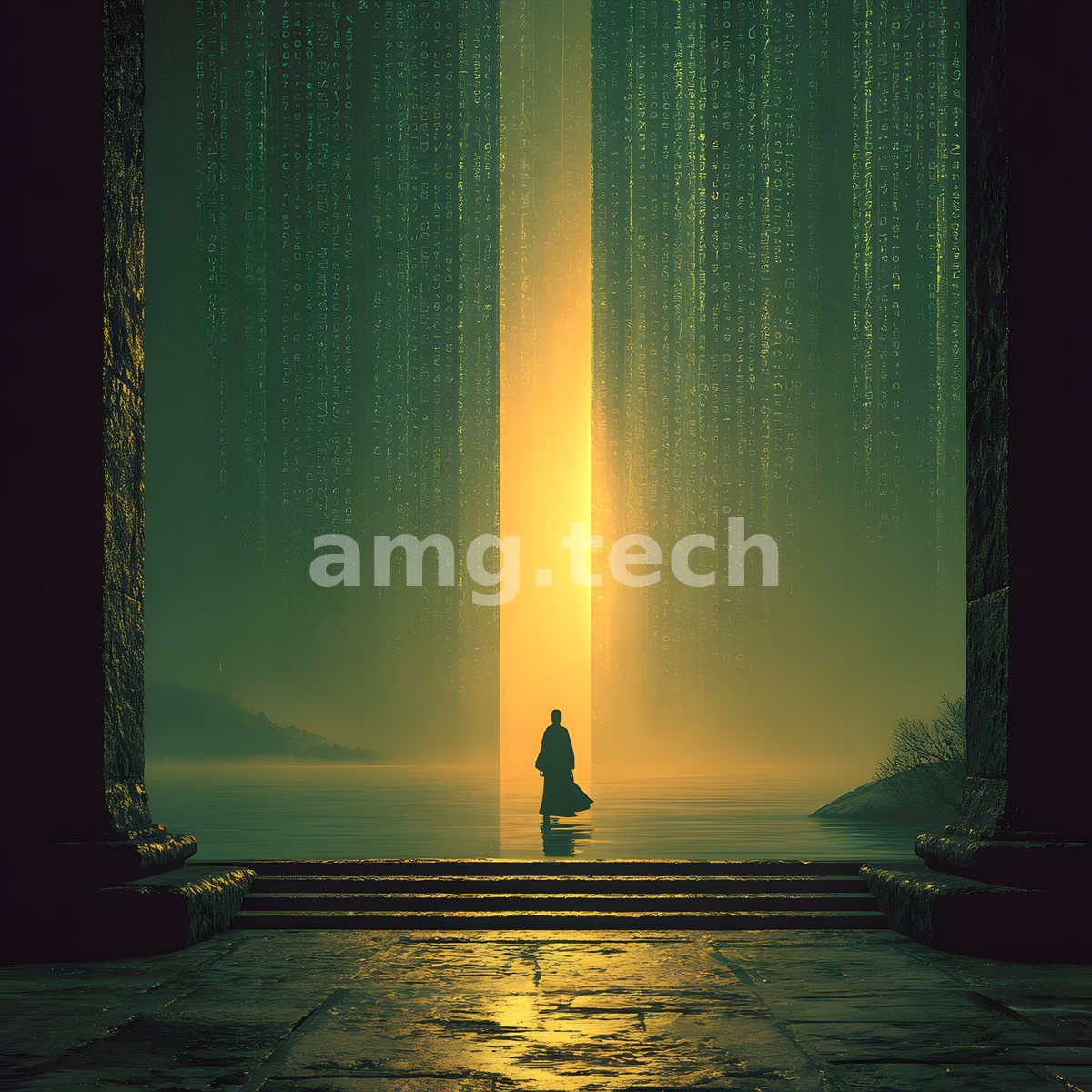 A lone robed figure crosses luminous water toward a radiant golden portal, flanked by cascading columns of green digital rain.