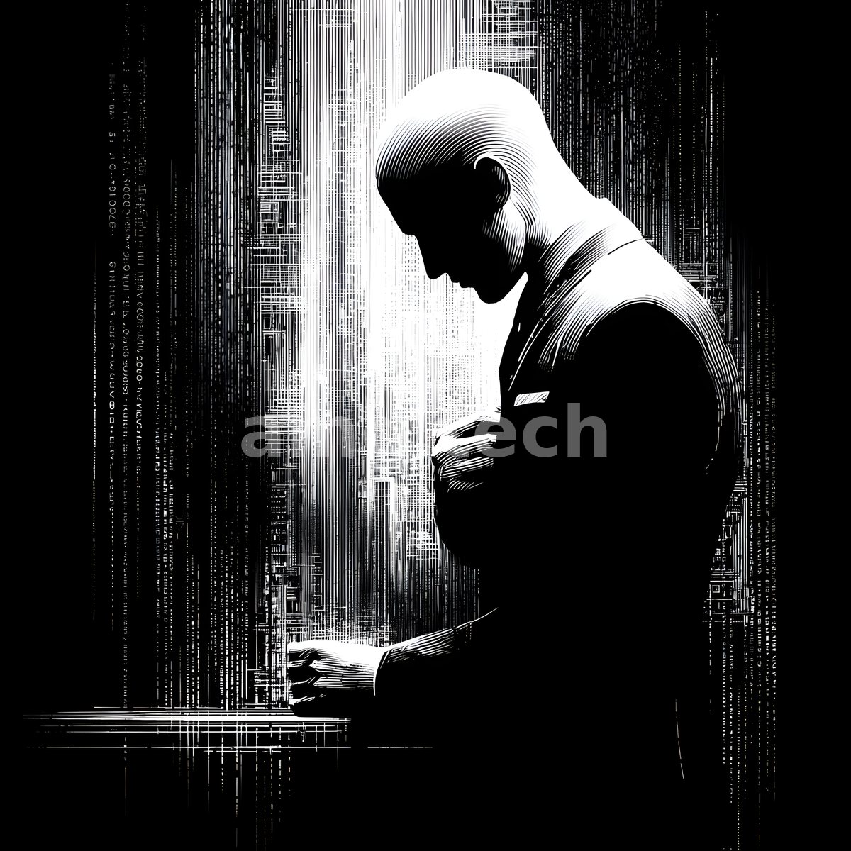 A suited man bows his head in prayerful stillness, his stark silhouette carved from cascading streams of monochrome light and code.