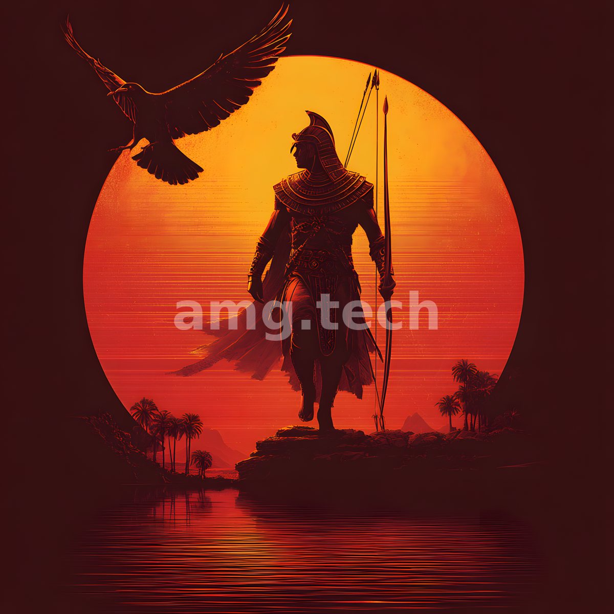 A hawk-headed warrior bearing a staff strides from a burning sun as a great bird soars above a palm-lined river at dusk.