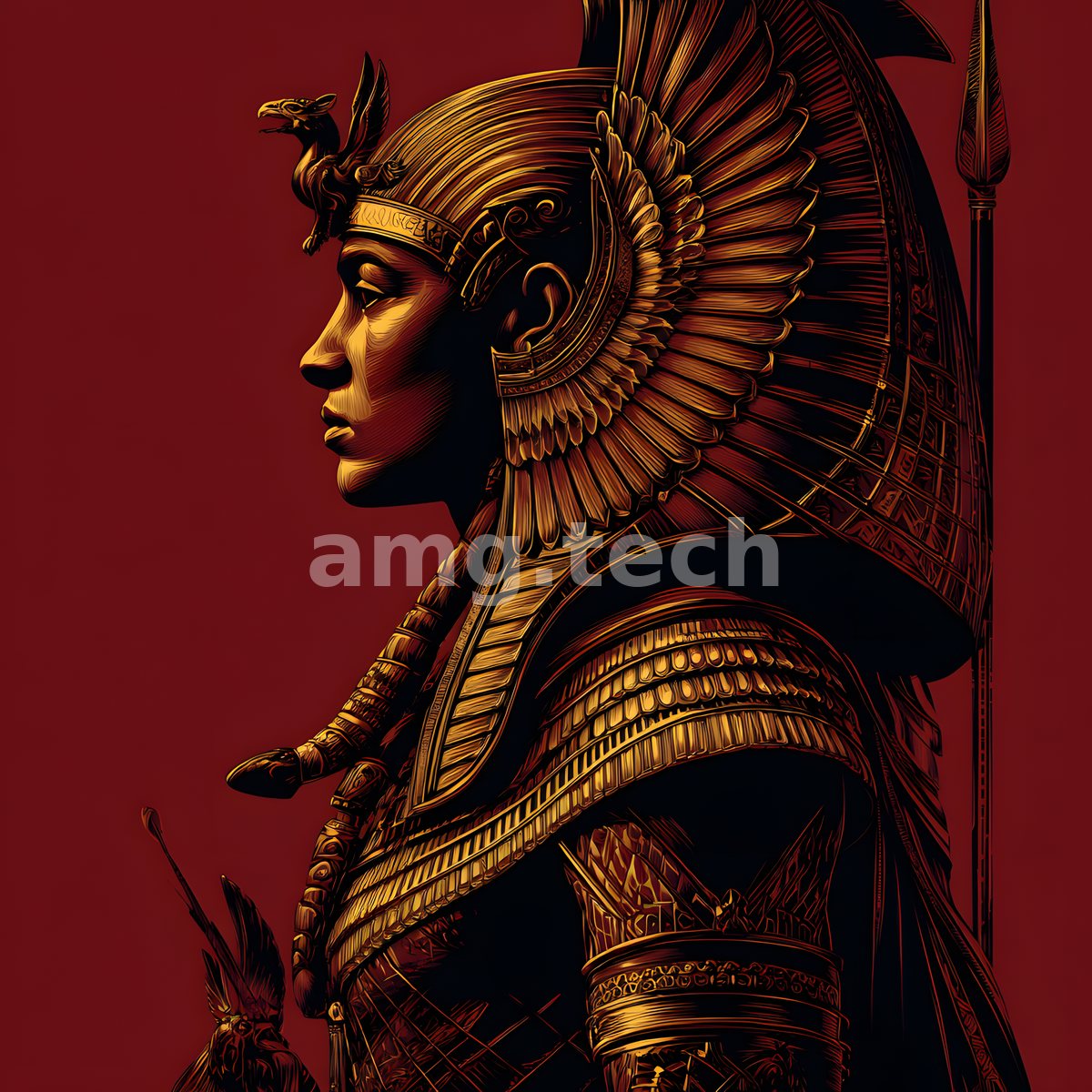Rendered in burnished gold against deep crimson, a regal profile wears an ornate winged headdress crowned by a coiled serpent and vulture.