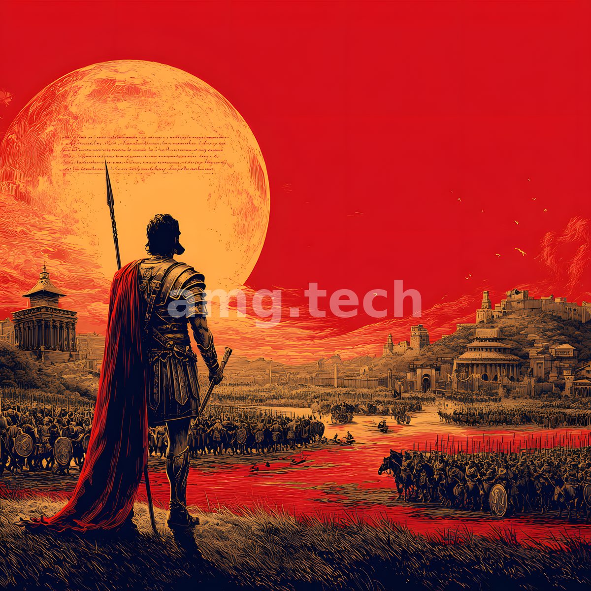 A caped warrior surveys legions massing along a river valley beneath an immense blood-orange moon inscribed with faded script.