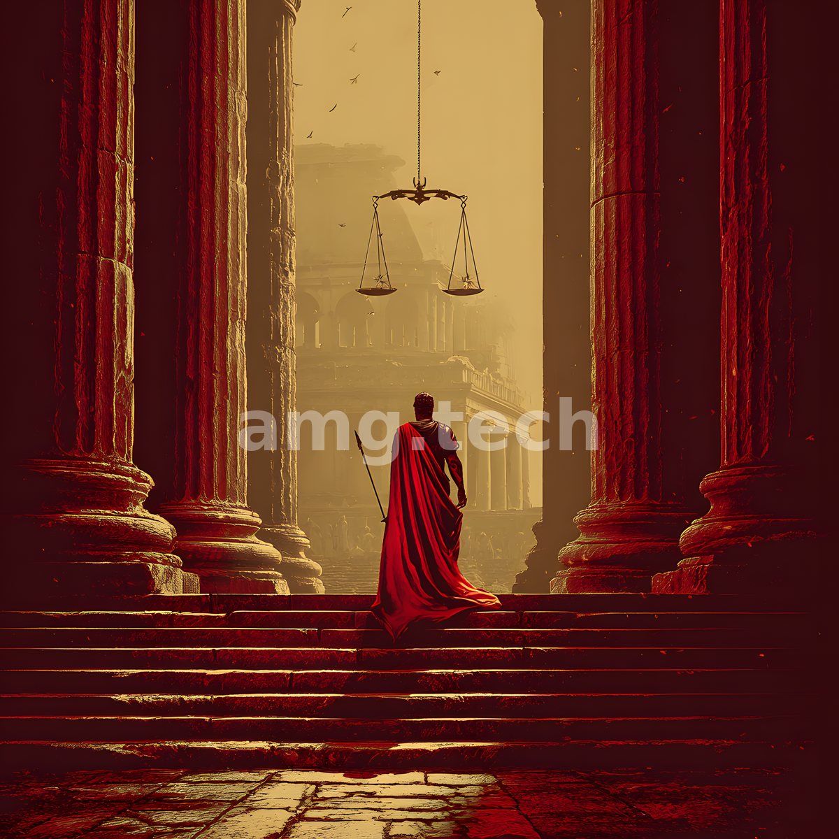 A crimson-cloaked figure ascends worn stone steps between towering columns toward suspended golden scales overlooking a mist-veiled classical city.