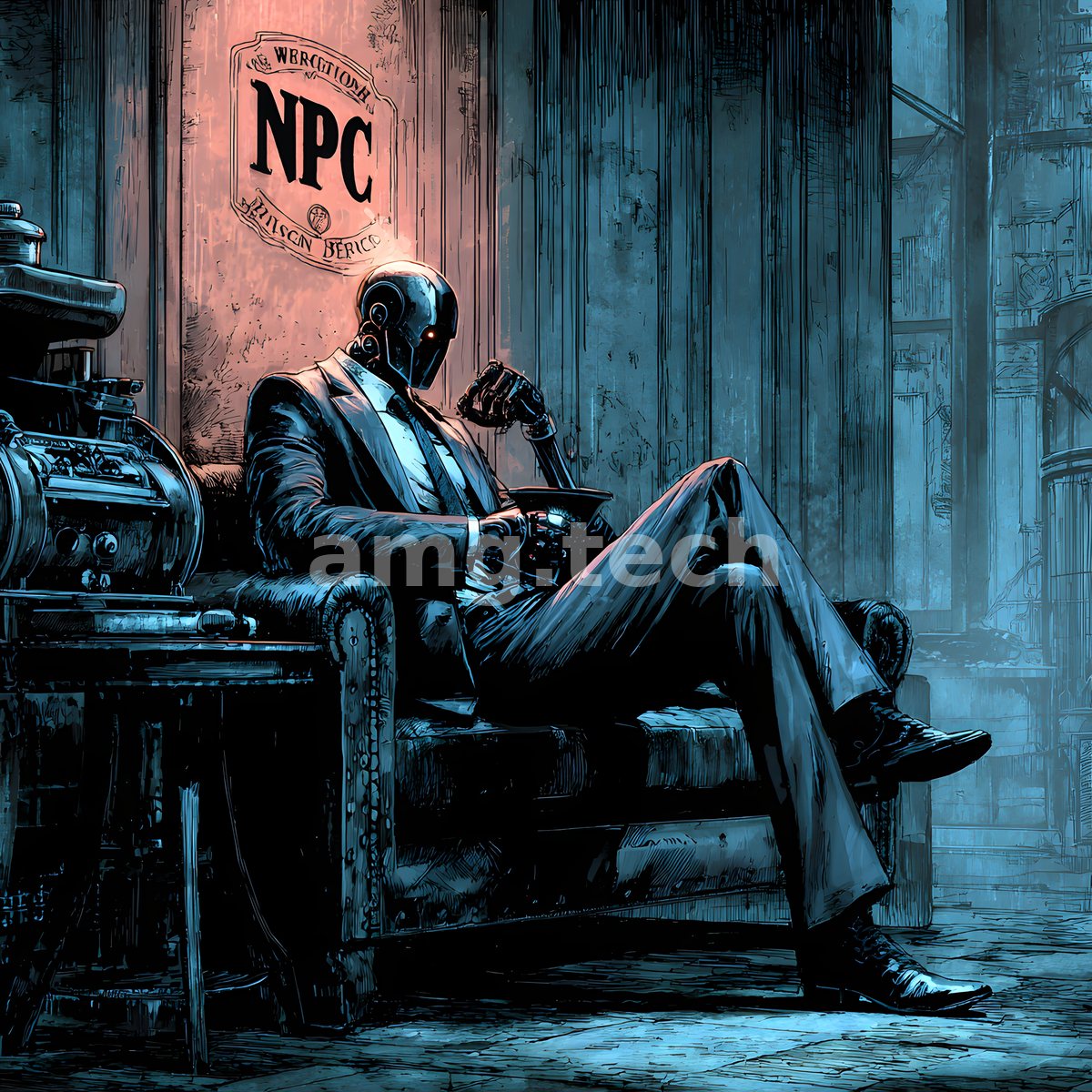 An android in a tailored suit reclines beneath a bar sign, cradling a nightcap in a smoke-blue, noirish interior of pipes and shadow.