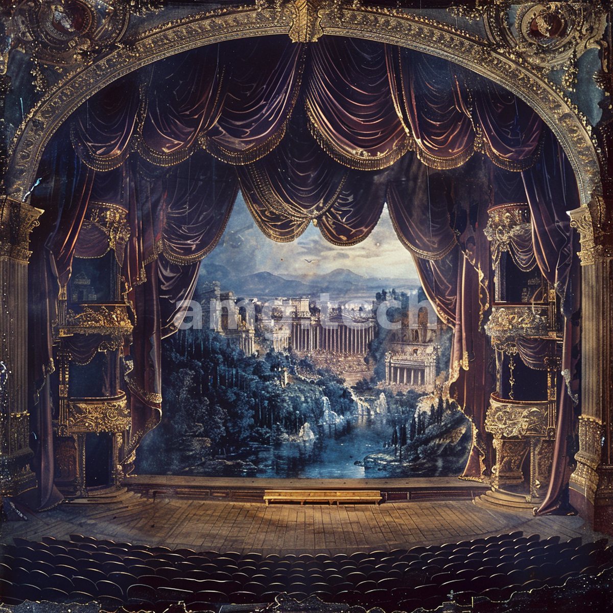 A gilded proscenium frames a luminous painted backdrop of colonnaded temples and cascading gardens receding into distant blue mountains.