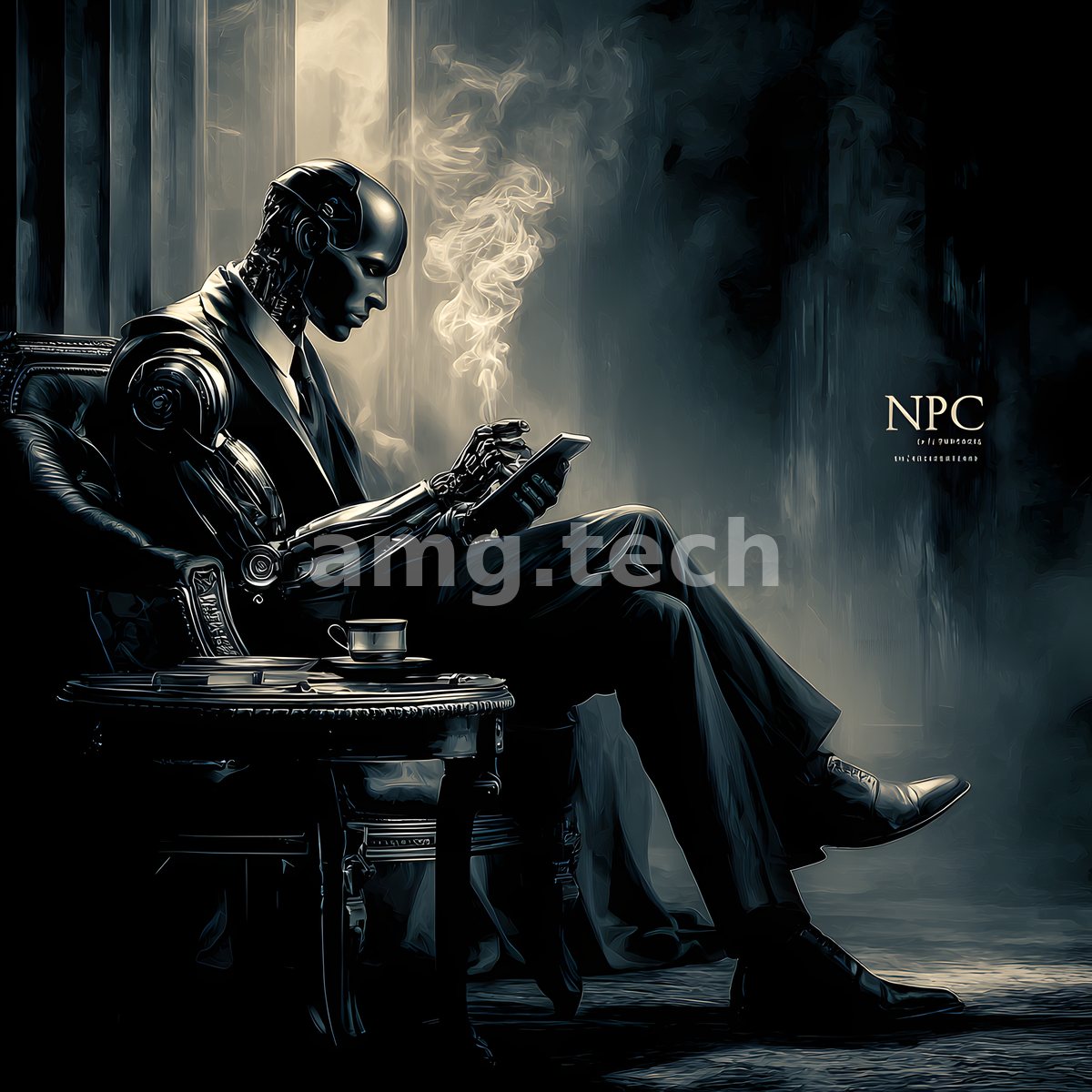 A pensive humanoid machine sits reading by lamplight, a cup of coffee steaming at his side amid columns and enveloping darkness.