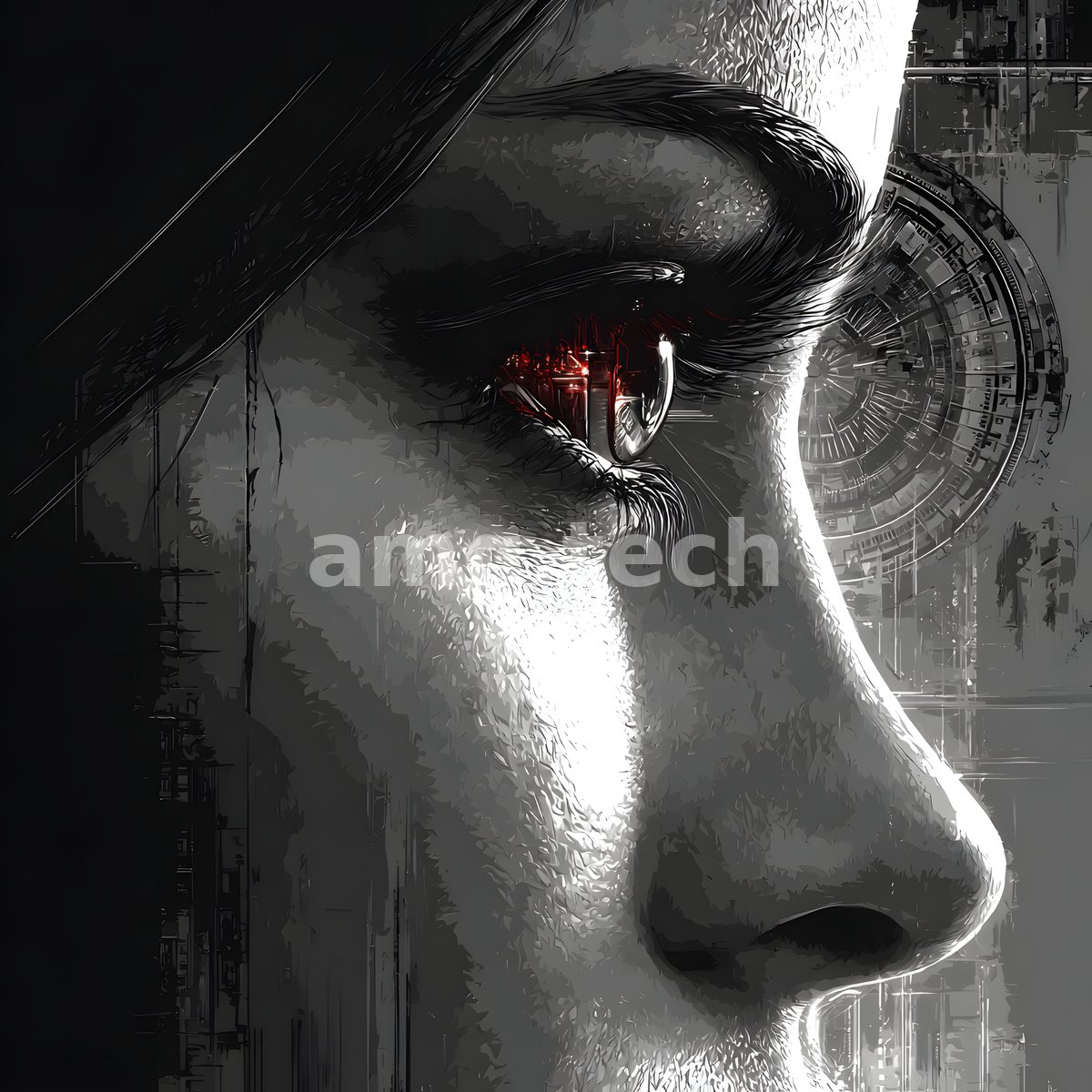 A woman's profile rendered in stark monochrome, her single glowing red eye burning against a backdrop of intricate circuitry.