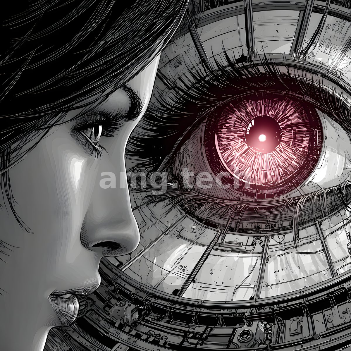 A finely inked feminine profile stands before a vast mechanical iris of rose and silver, gazing into its luminous depths.