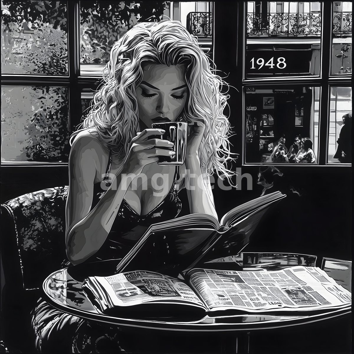 A blonde woman sips from a cup while reading, framed by a rain-flecked café window bearing the year 1948 in luminous black and white.