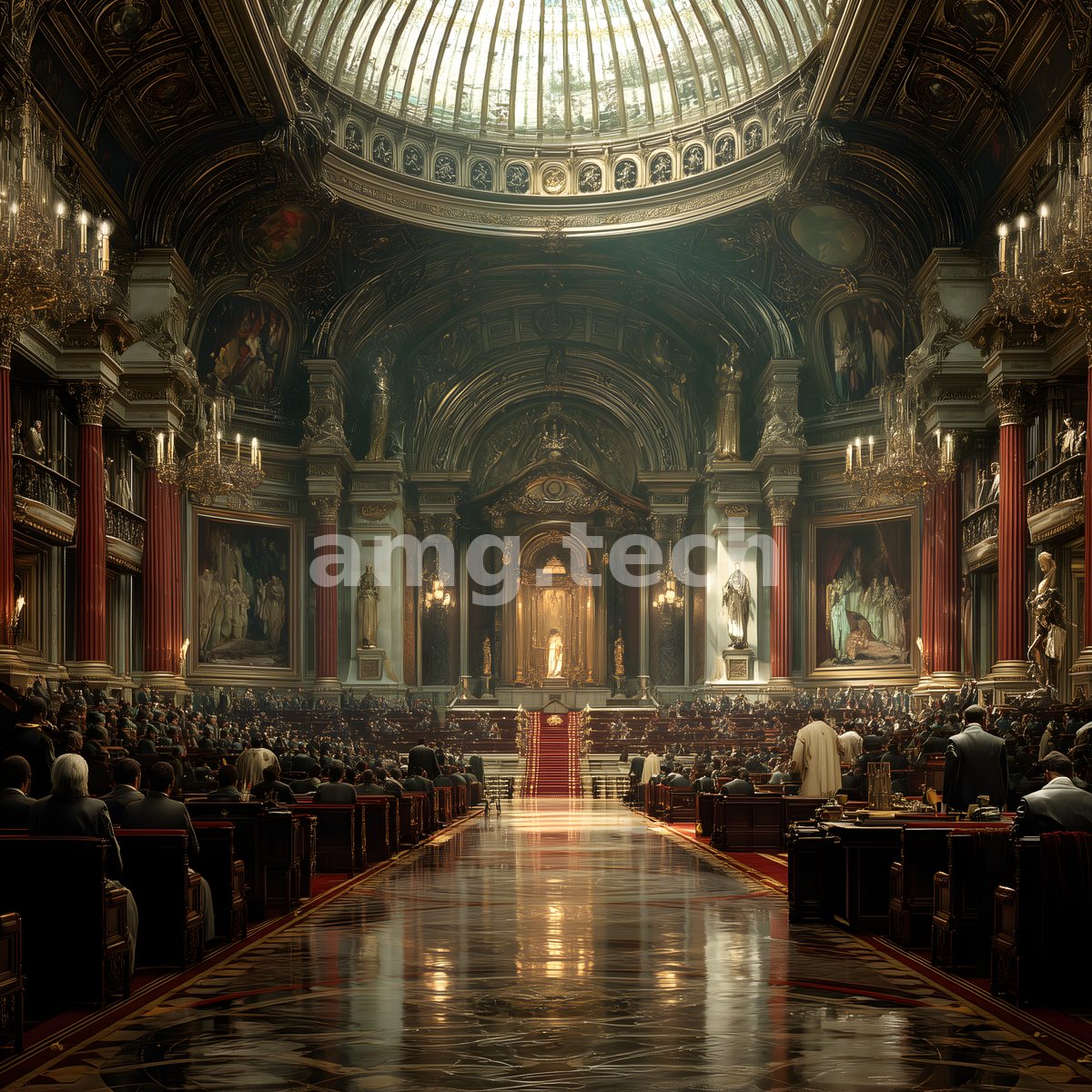 Beneath a soaring domed rotunda, ranks of figures convene in a gilded, chandelier-lit hall of marble columns and painted panels.