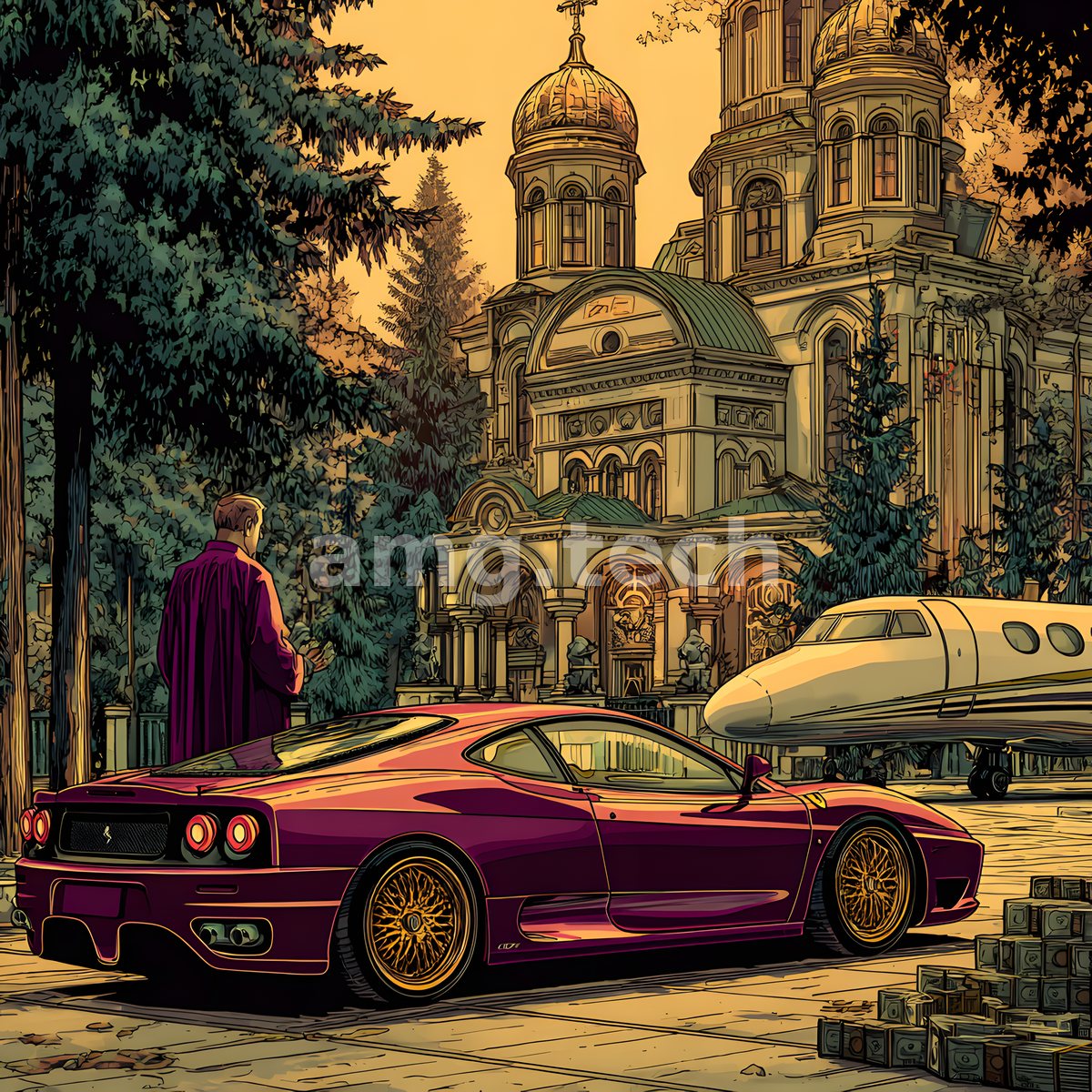 A robed figure surveys a golden-domed cathedral as a crimson sports car, a private jet, and crates of currency gleam in amber light.