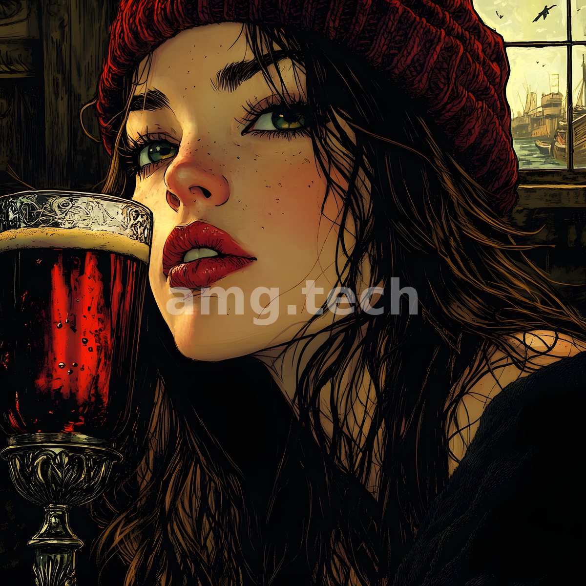 A red-capped woman lifts an engraved silver goblet of dark wine to her lips, tall ships drifting through the window behind her.