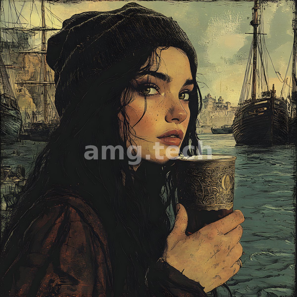 A dark-haired woman in a knit cap cradles an ornate chalice at the water's edge, galleons riding at anchor in the harbour beyond.