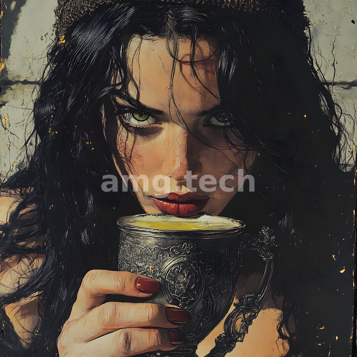 A raven-haired beauty with pale green eyes drinks from an engraved goblet, her crimson-tipped fingers curled against weathered stone.