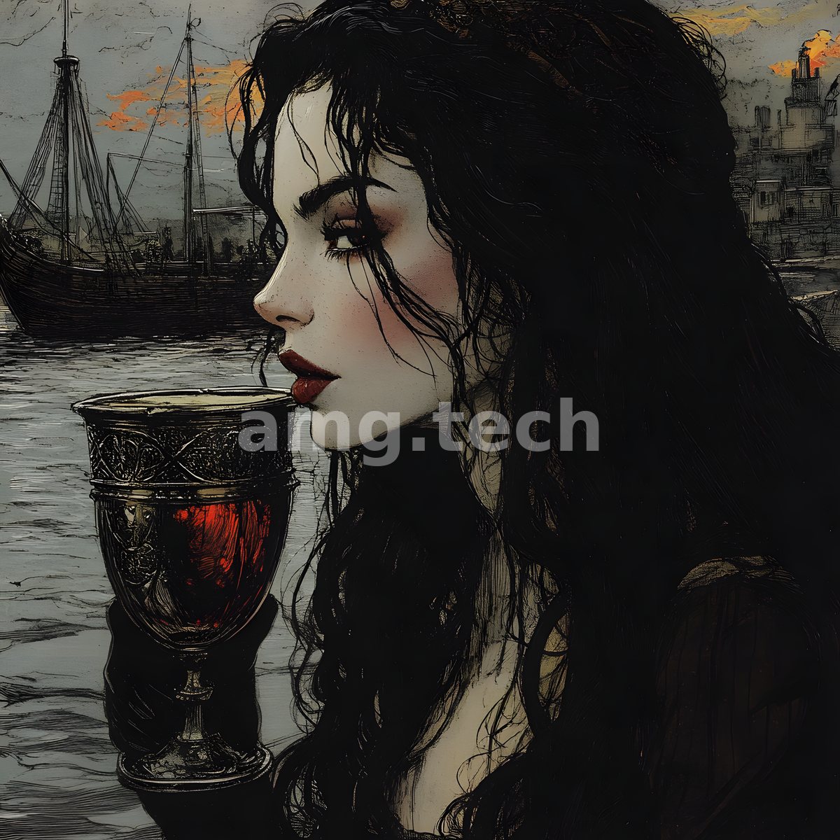 A pale, dark-eyed woman raises a jewelled goblet of red wine, a moored sailing ship and city silhouette burning against the dusk.