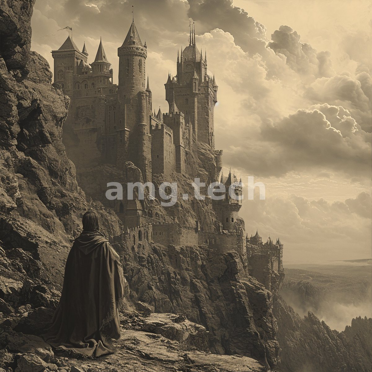 A cloaked wanderer pauses upon the rocks to behold a towering spired castle crowning the cliffs beneath a vast sepia sky.