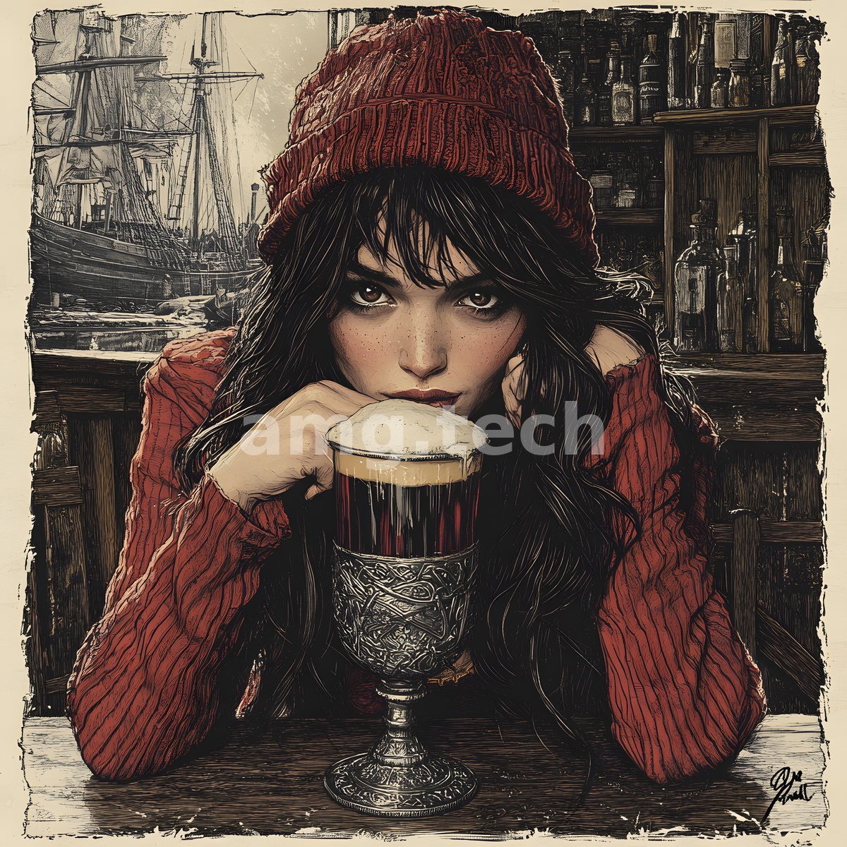 A freckled woman in a red beanie leans over a footed silver cup of dark ale, harbour masts and a bottle-lined shelf behind her.