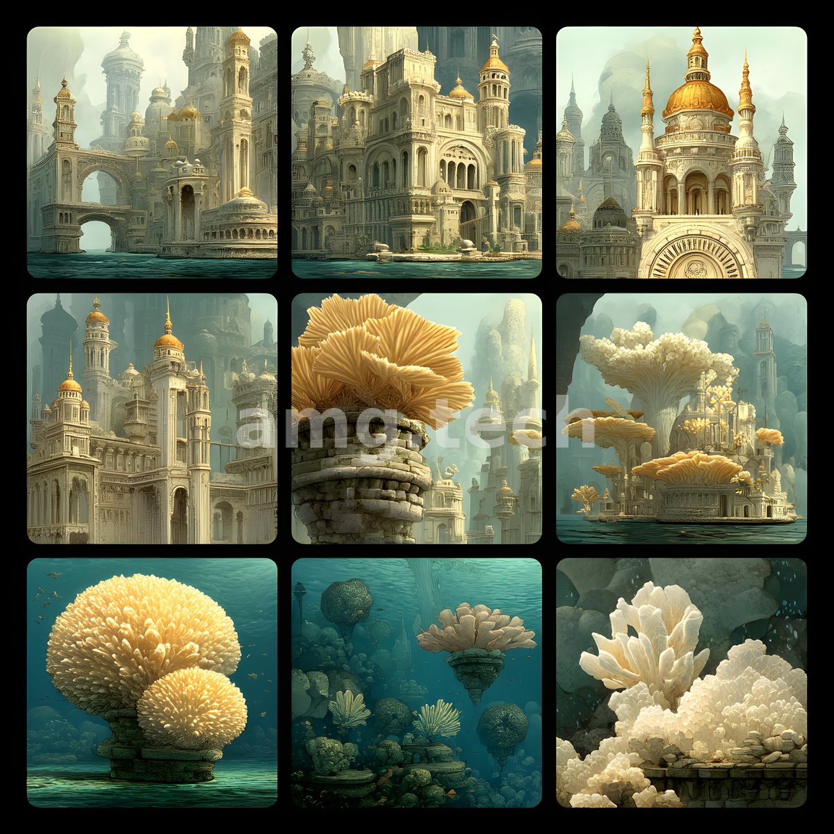 A meditative grid of drowned classical cities and pale branching corals, gold domes glimmering through green submarine light.