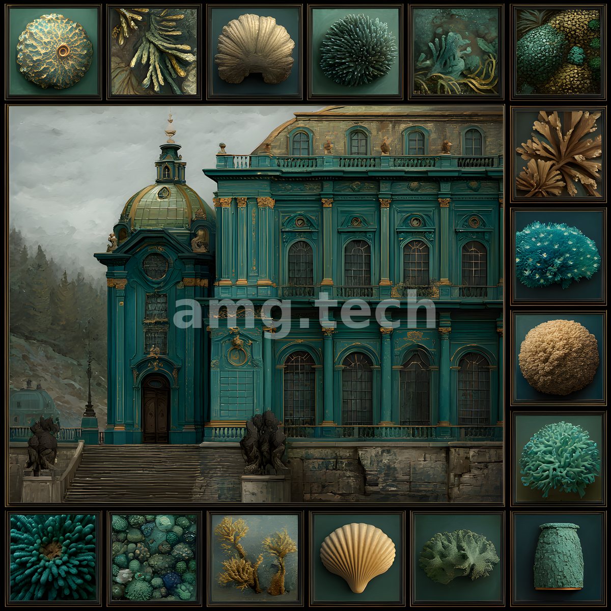 A stately teal baroque palace anchors a specimen wall of shells, corals, and sea sponges arranged with naturalist precision.