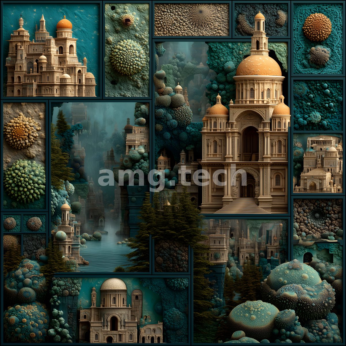 An intricate mosaic weaving golden domed towers, dark cypress groves, and encrusted coral colonies in deep teal harmony.