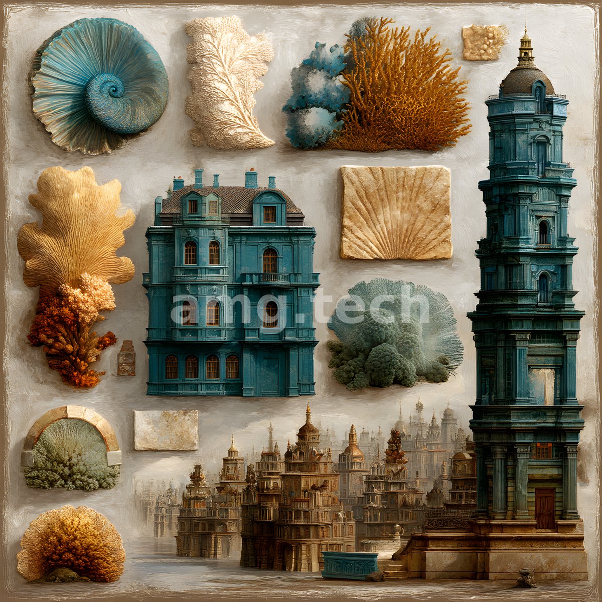 A collector's arrangement of ammonite, coral fans, and blue towers set against a faded panorama of a sunken city.