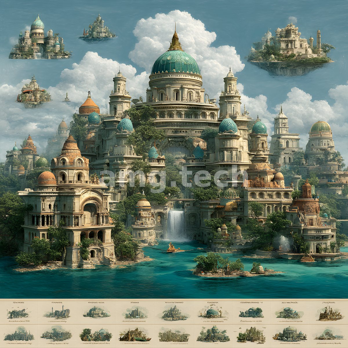 A vast domed island city crowns a turquoise sea while smaller cloud-borne palaces drift through a bright temperate sky.
