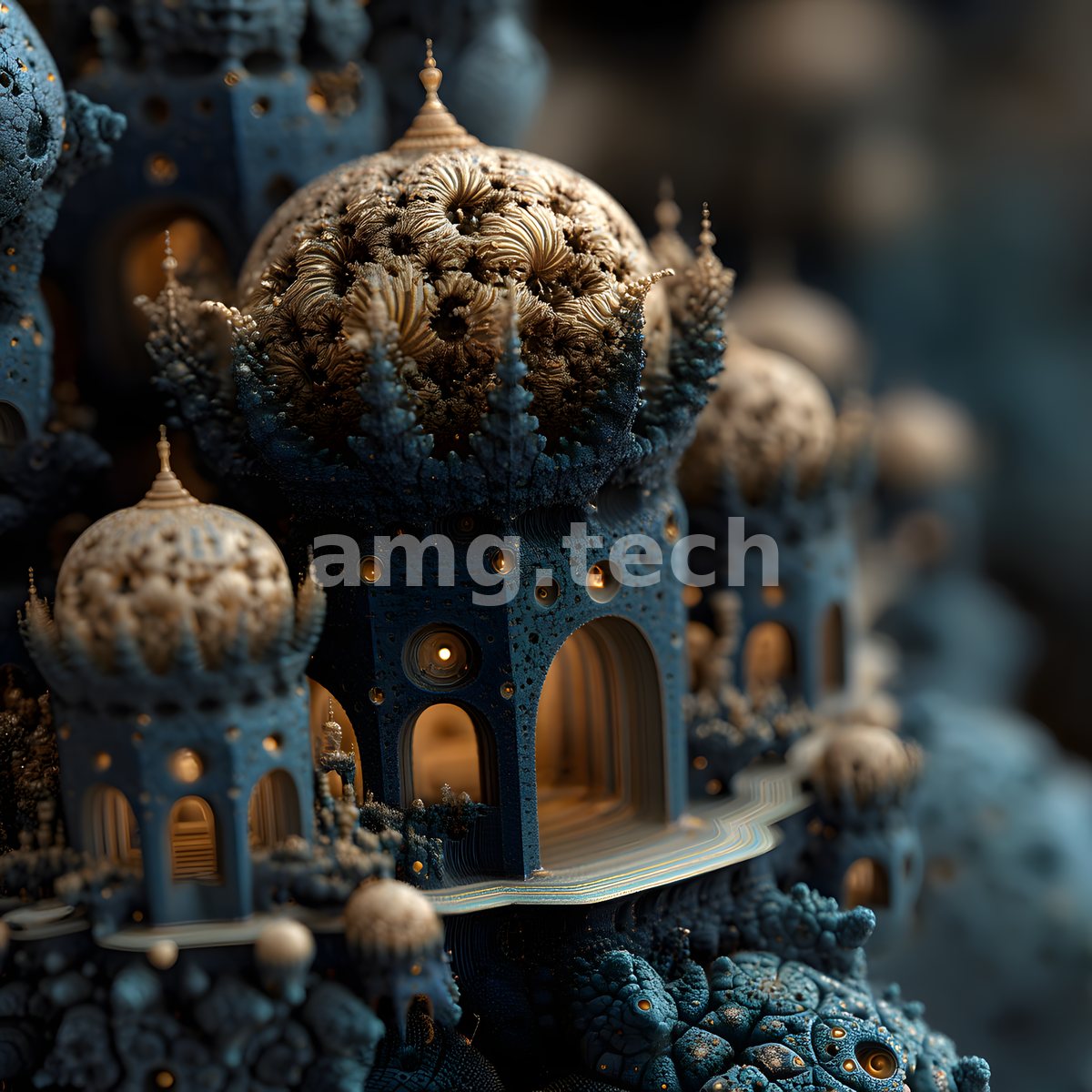 An ornate fractal cathedral of indigo and gold blooms with coral-like filigree, its lit arches receding into shadow.