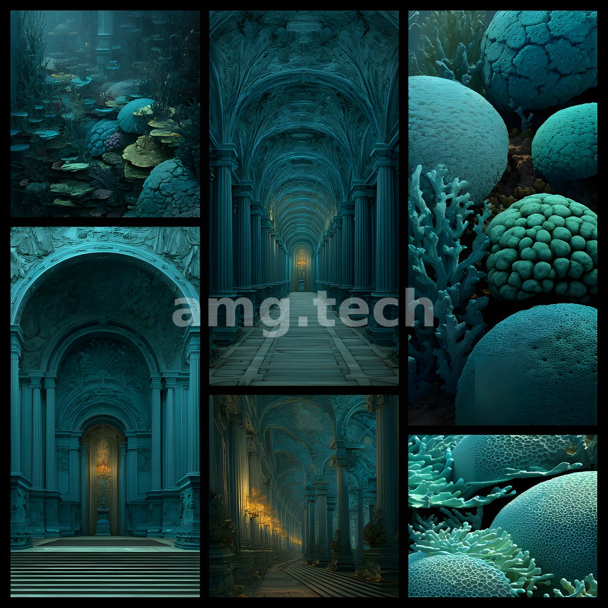 Vaulted teal corridors and coral colonies converge in a study of drowned architecture bathed in cold aquatic light.